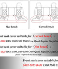 Diagram showing seat cover fitment for 2002-2025 Dodge Ram 1500 2500 3500 Crew Quad Cab with curved and flat bench designs.