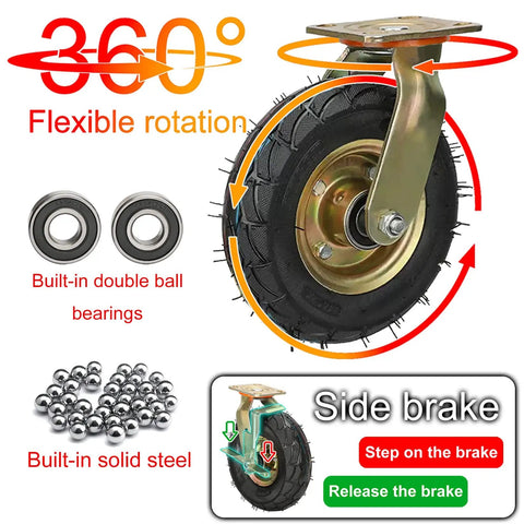 Real Deal Heavy Duty Caster Wheels Eight And Ten Inch Swivel Brake Outdoor Casters For Yard Cart Hauling One Thousand One Hundred Pound Load Rating Smooth Roll Rubber Tires Mounting Kit with 360° rotation and side brake