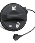 Front view of black gas cap replacement for GM vehicles that seals tight and prevents leaks, shown with tether attached.