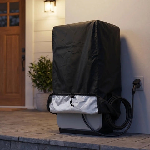 Heavy Duty Outdoor EV Charger Post Cover With Kickass Waterproof And Dustproof Shell For Secure Universal Fit And All Season Protection That Just Goes The Distance On Your Electric Car, matte black cover in use.