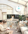 Keep Your Pad Secure With This Smoke Detector And Air Quality Monitor Sporting A Ten Year Runtime Super Bright Display Fast Reaction Sensors No Drama Setup Immediate Emergency Alerts Built Strong For Everyday American Home Safety Needs in a bright living room with a dog.