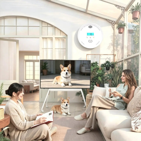 Keep Your Pad Secure With This Smoke Detector And Air Quality Monitor Sporting A Ten Year Runtime Super Bright Display Fast Reaction Sensors No Drama Setup Immediate Emergency Alerts Built Strong For Everyday American Home Safety Needs in a bright living room with a dog.