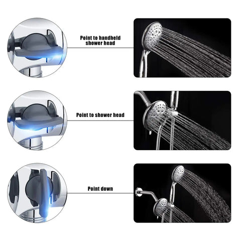 High Pressure Shower System With Handheld And Rain Showerhead, 35 Function Dual 2 In 1 Faucet, Patented 3 Way Diverter, Chrome Finish, Valve Included For A Dope Home Spa Upgrade showing water flow settings and diverter control