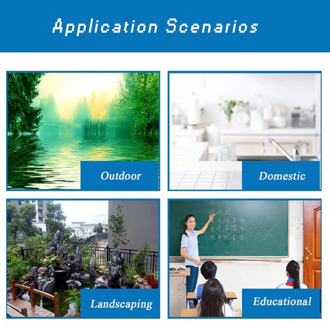 Image showing four application scenarios: outdoor, domestic, landscaping, and educational settings.