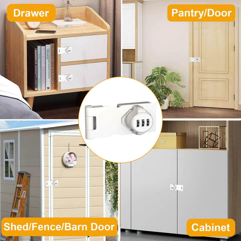 Keyless Cabinet Lock With 3-Digit Password, No Keys Needed, Bifold Door Lock For Cabinets And Drawers, Sliding Closet Lock, shown on drawer, pantry door, barn door, and cabinet.
