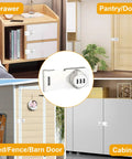 Heavy Duty Keyless Combo Lock With Three Digit Password For Cabinet Sliding Pantry Doors Easy White Finish displayed on drawers, pantry, shed, and cabinet.