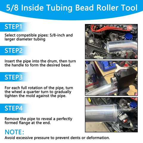 Steps to use the Bead Roller Tool For Tubing And Intercooler Piping, Fits 5/8 Inch Inner Diameter And Up, illustrated guide.