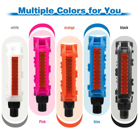 Kid Friendly 1/2 Inch Thread Universal Lightweight Non Slip Nylon Flat Pedals in multiple colors, showcasing front view.