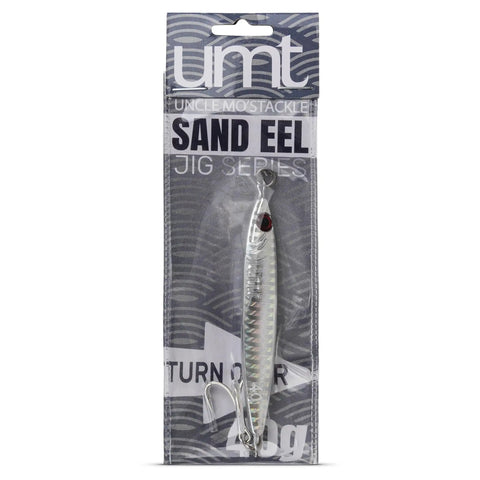 Heavyweight Forty Gram Vertical Casting Jig With Razor Sharp Treble Hooks And Streamlined Silver Shape in packaging.