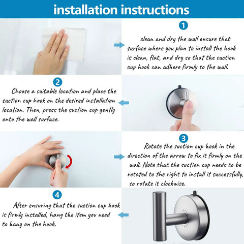Installation guide for Heavy Duty 4 Pack Suction Cup Hooks Brushed Nickel For Shower And Bathroom Removable Stainless Steel Wall Hooks