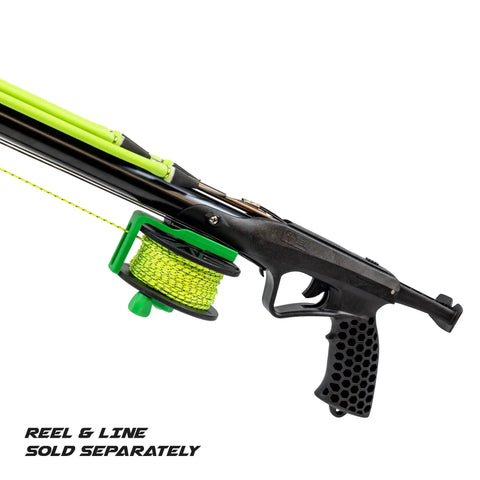 Explorer 75cm Performance Speargun showing handle and attached reel, designed for serious spearfishing and freediving