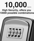 Outdoor Key Lock Box With Weatherproof Combination Lock showing 4-digit dials and text highlighting 10,000 combinations.