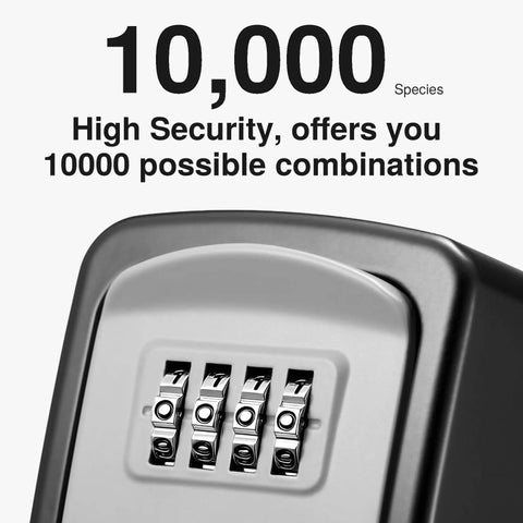 Outdoor Key Lock Box With Weatherproof Combination Lock showing 4-digit dials and text highlighting 10,000 combinations.