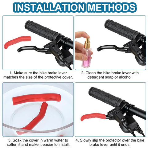 Image of red sleeves being fitted onto bike brake levers with installation steps for Bike Brake Lever Silicone Sleeve 2 Pack Anti Slip Cover For Mountain And Road Bikes Bicycle Brake Lever Protector Grips Accessory Lightweight White Silicone Wraps For Smoother Shifts And Better Grip