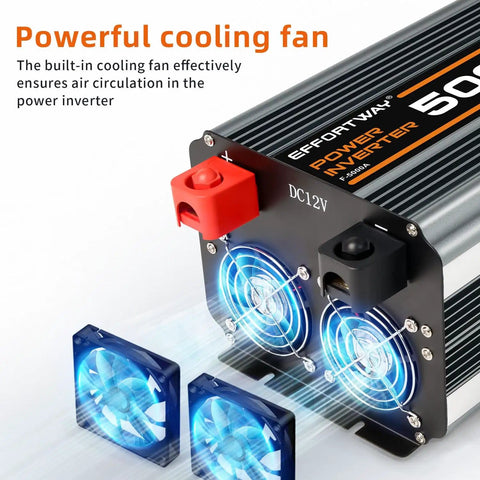 Heavy-Duty 5000W DC 12V To 110V Inverter with cooling fans for off-grid camping and RV use, 10000W peak, LCD display, USB port.