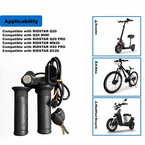 Full Twist Throttle Upgrade For E Bikes And Scooters, 48V 3 Pin Universal Throttle With LCD Display And Key Lock, shown with compatible bikes