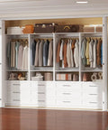 Game Changing Modular Walk In Closet Organizer System With Adjustable Hanging Rods And Deep Storage Drawers Freestanding Wardrobe Rack Fits Tight Spaces Quick Setup White with clothing and storage.