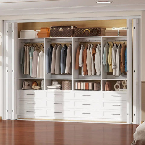 Game Changing Modular Walk In Closet Organizer System With Adjustable Hanging Rods And Deep Storage Drawers Freestanding Wardrobe Rack Fits Tight Spaces Quick Setup White with clothing and storage.