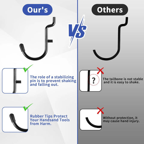 Comparison of stabilizing pin and rubber tips on 196-Piece Extra Thick Quarter Inch Pegboard Hooks Set Heavy Duty Black Metal Pegboard Accessories.