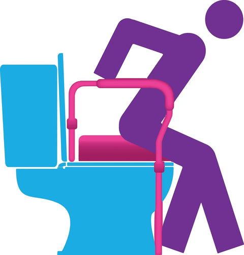 Rock Solid Adjustable Toilet Rails And Bathroom Grab Bars Breezy Click Setup Heavy Duty Safety Frame For Seniors Helping You Stand Up Stronger Grey Daily Independence Aid, user engaging with support rail.