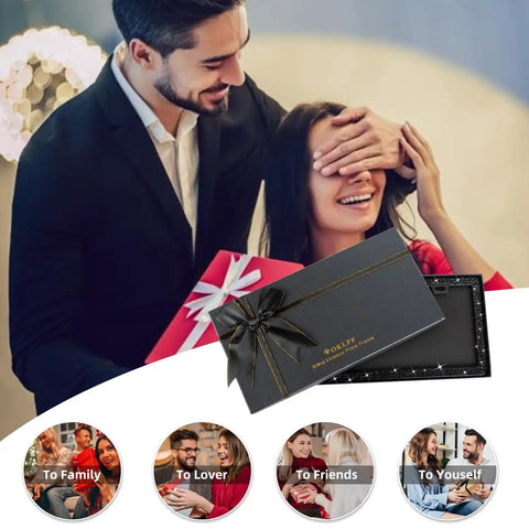 Man gifting a woman a Black Bling License Plate Frame Set For Women with a glitter diamond gift box