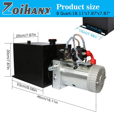 12V Electric Hydraulic Pump Kit With 8 Quart Tank, dimensions shown, silver motor attached, for Dump Trailer and DIY Systems