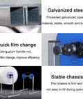 Heavy Duty Vertical Wrap Roll Dispenser, Bulletproof Galvanized Steel Packing Station components detailing galvanized steel and quick film change features.