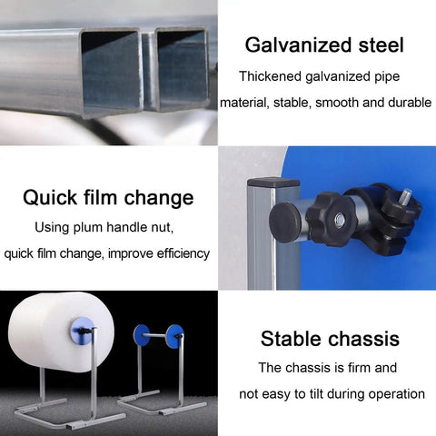 Heavy Duty Vertical Wrap Roll Dispenser, Bulletproof Galvanized Steel Packing Station components detailing galvanized steel and quick film change features.