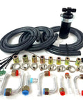 Universal Underdash Air Conditioning Kit With Aluminum Condenser And Wiring Harness 12 Volt DC Evaporator One Ton Cooling Power components including hoses, connectors, and a condenser.
