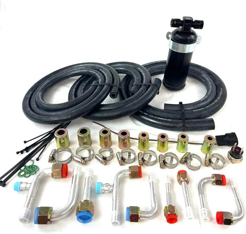 Universal Underdash Air Conditioning Kit With Aluminum Condenser And Wiring Harness 12 Volt DC Evaporator One Ton Cooling Power components including hoses, connectors, and a condenser.