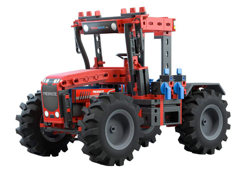 Six Vehicle Pneumatics Building Kit For Hands On STEM Fun Dope German Made Quality Blocks With Compressor Cylinders And Exhaust Throttles Build Six Different Cars For Expert Builders And Creative Problem Solvers red pneumatic tractor model with large tires