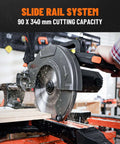 DOVAMAN 10-inch sliding miter saw side view; black/orange tool cutting wood in workshop
