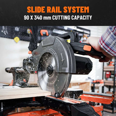 DOVAMAN 10-inch sliding miter saw side view; black/orange tool cutting wood in workshop