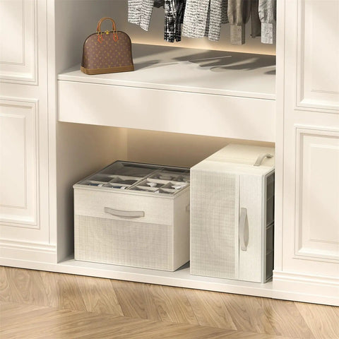 Foldable Closet Shoe Organizer Set, 2 Pack With Adjustable Dividers And Clear Cover, fits 16-32 pairs in a white closet space.