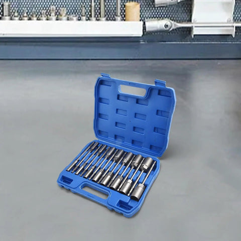 15 Piece Deep Hex Socket Set With 150mm Long Reach Nut Driver Bits for Impact Driver in blue case on workbench