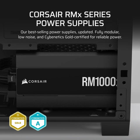 Front angle view of a Corsair RM1000x PSU installed in a case, featuring Cybenetics Gold certification badge.