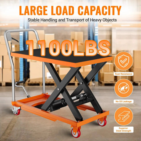 Front view of hydraulic scissor lift table cart with orange frame, black non-slip platform, and locking wheels