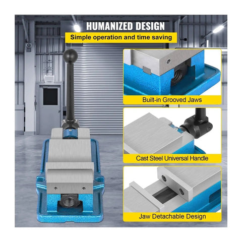 3 Inch Lockdown Bench Vice With Bulletproof Cast Iron Build And Thickened Jaw Plates For Milling Drilling And Cnc Work, showcasing built-in grooved jaws.