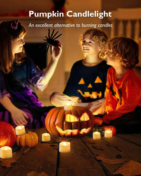 Children enjoying Halloween with 24 Pack Flameless LED Tea Lights Candles Battery Operated With Realistic Flicker Warm Glow.