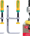 Matchfit Dovetail Clamps Four Pack Exclusive Bundle With Dovetail Router Bit One Quarter Inch Shank shown with grip handles and dovetail groove.