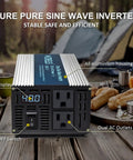 Top Tier 500 Watt Pure Sine Wave Power Inverter with dual AC outlets, LED display, and aluminum housing on a camping table.