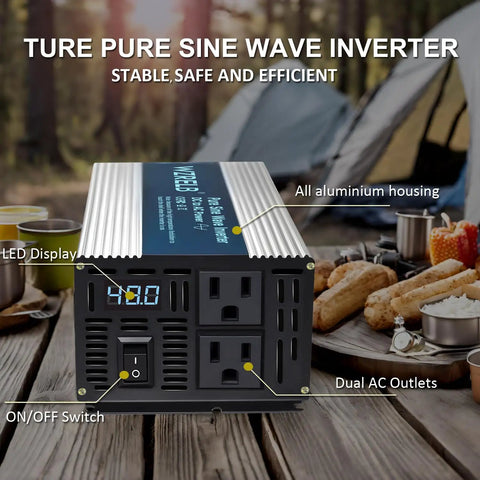 Top Tier 500 Watt Pure Sine Wave Power Inverter with dual AC outlets, LED display, and aluminum housing on a camping table.