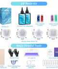 UV Resin Jewelry Making Kit With 200g Crystal Clear Resin Flexible Molds Glitter Powder Portable UV Lamp And Tools For DIYers Keychains Earrings And Crafts displayed with contents including molds, resin bottles, gloves, and UV lamp.