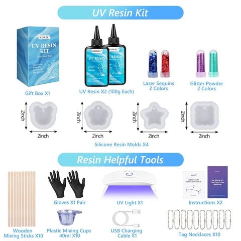 UV Resin Jewelry Making Kit With 200g Crystal Clear Resin Flexible Molds Glitter Powder Portable UV Lamp And Tools For DIYers Keychains Earrings And Crafts displayed with contents including molds, resin bottles, gloves, and UV lamp.