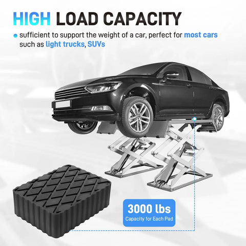 4 Pcs Auto Lift Pads Natural Rubber Jack Stand Blocks 6.375 Inch X 2 Inch Heavy Duty Equipment Supports For Car Garage Service High Stability with high load capacity and a car elevated.