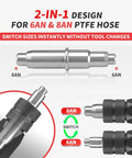 Dual Size PTFE Hose Tool for reaming and separating PTFE ends with 6AN and 8AN size option, aluminum, black anodized.