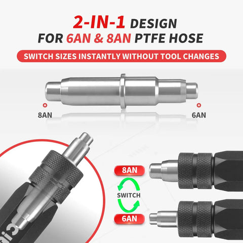 Dual Size PTFE Hose Tool for reaming and separating PTFE ends with 6AN and 8AN size option, aluminum, black anodized.