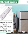Mini Compact Freezer Top Hinge Replacement Right Or Left Side White, shown with illustration and gray freezer next to sofa.