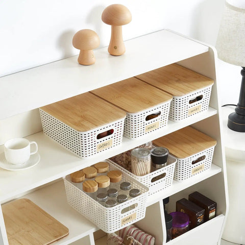 Small Plastic Storage Bins With Bamboo Lids, Stackable Pantry Boxes, 6 Pack, Cream White, 10 X 7.2 X 4.1 Inches, displayed on a shelf