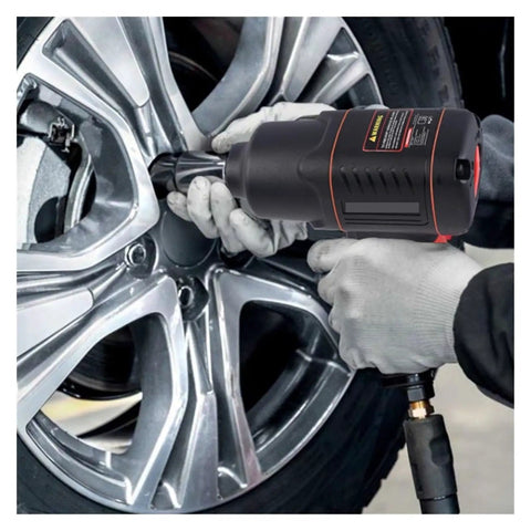 Robust Pneumatic Air Impact Wrench Delivers Ridiculous 450 Foot Pounds Pulling Power And Blistering 7500 Rpm Speed in use on a car wheel.